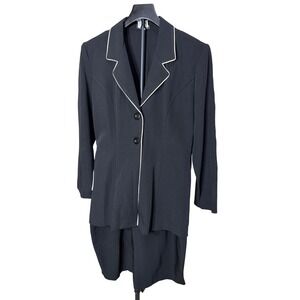 Courtenay Vintage Black Skirt Suit White Contrast Piping Blazer Midi Skirt Set